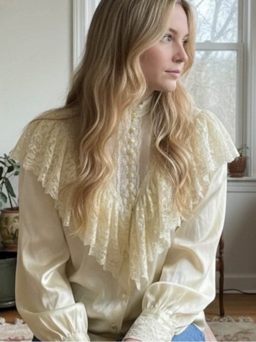 Vintage 70s Gunne Sax Ethereal Dainty Edwardian Prairie Lace Blouse Size Medium